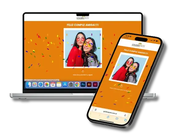 Regalo digital abierto en una notebook y un celular, con un saludo de cumpleaños personalizado